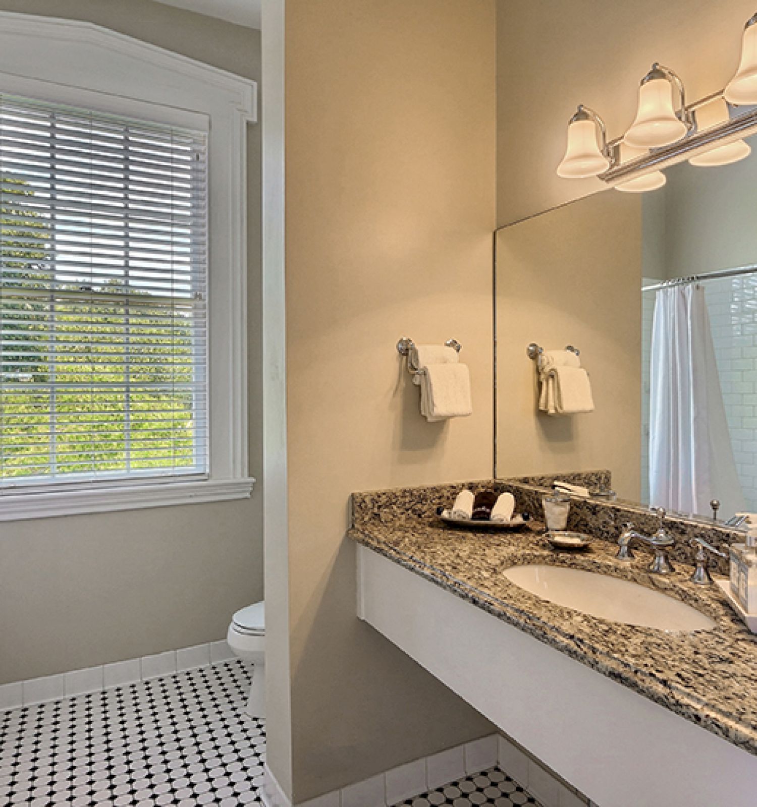 This image shows a well-lit bathroom with a granite countertop, two sinks, a large mirror, a window, and a shower curtain.