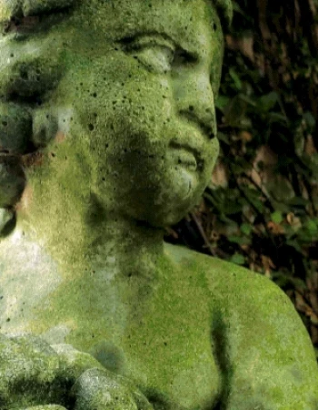 A moss-covered stone statue of a cherub or child figure with foliage in the background, creating a serene and natural setting.