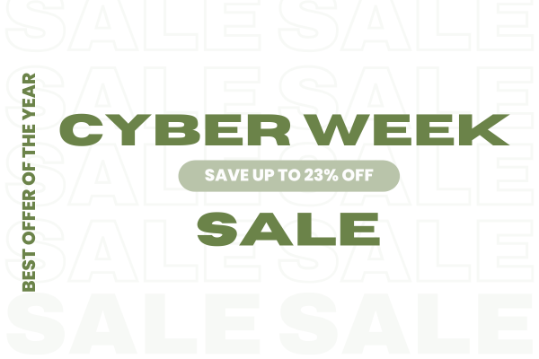 The image is a promotional graphic for a Cyber Week sale, offering savings of up to 23% off, with the tagline 