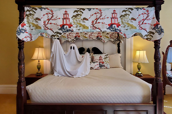 A bed with a decorative canopy, two lamps on bedside tables, and a person covered in a ghost costume made of a white sheet.