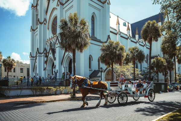 A horse-drawn carriage passes in front of a large, ornate building with palm trees and people in the background.